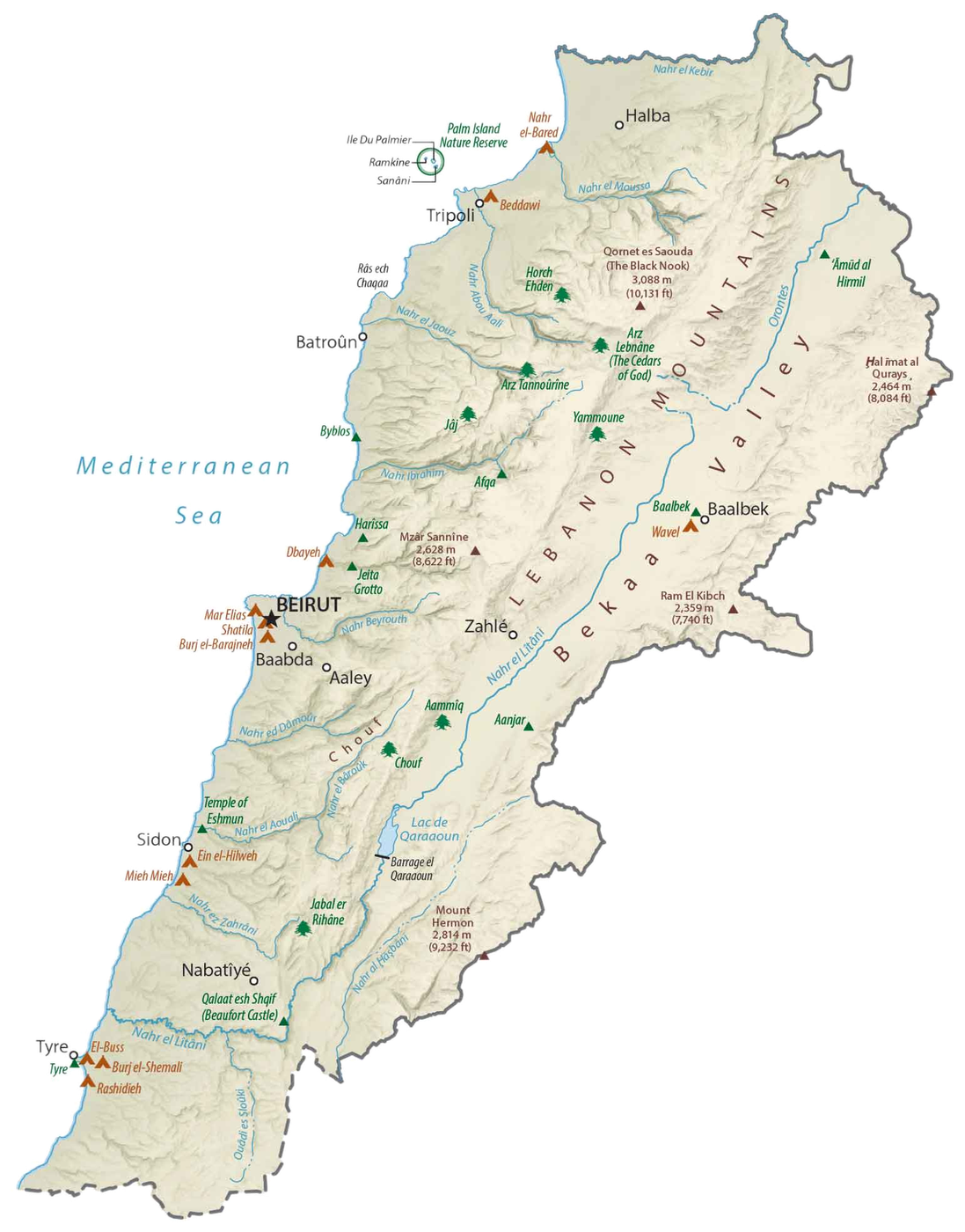 Physical map of Lebanon